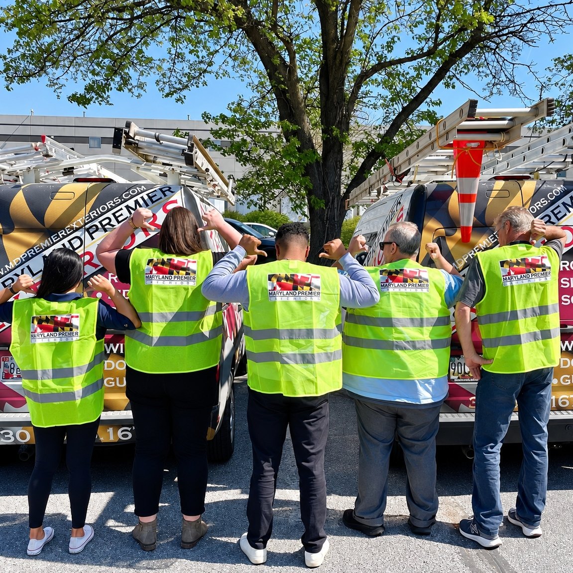Staff wearing lime Maryland Premier Exteriors safety vests standing in front of two company vans