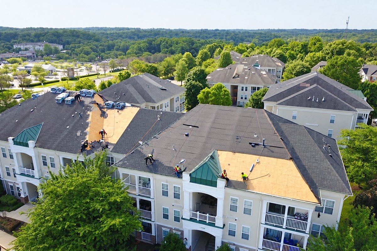 Aerial view of an apartment complex roof being replaced with dark shingles and bare plywood slopes