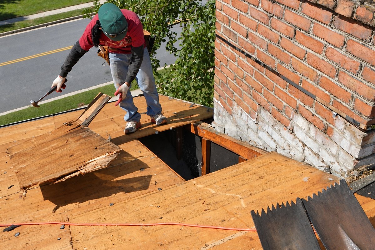 Roofer in a green cap prying up rotted roof plywood beside a brick chimney, exposing the framing below