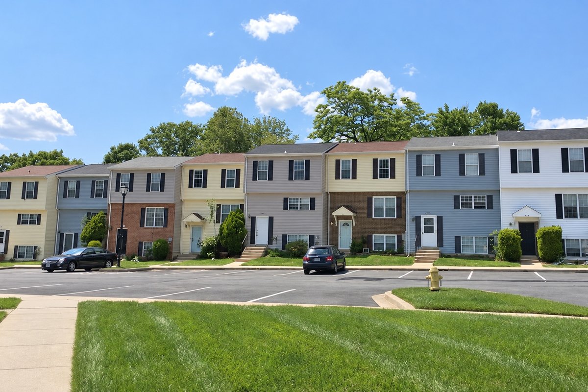 Row of finished townhomes with vinyl siding in several colors, windows with shutters, and new shingle roofs