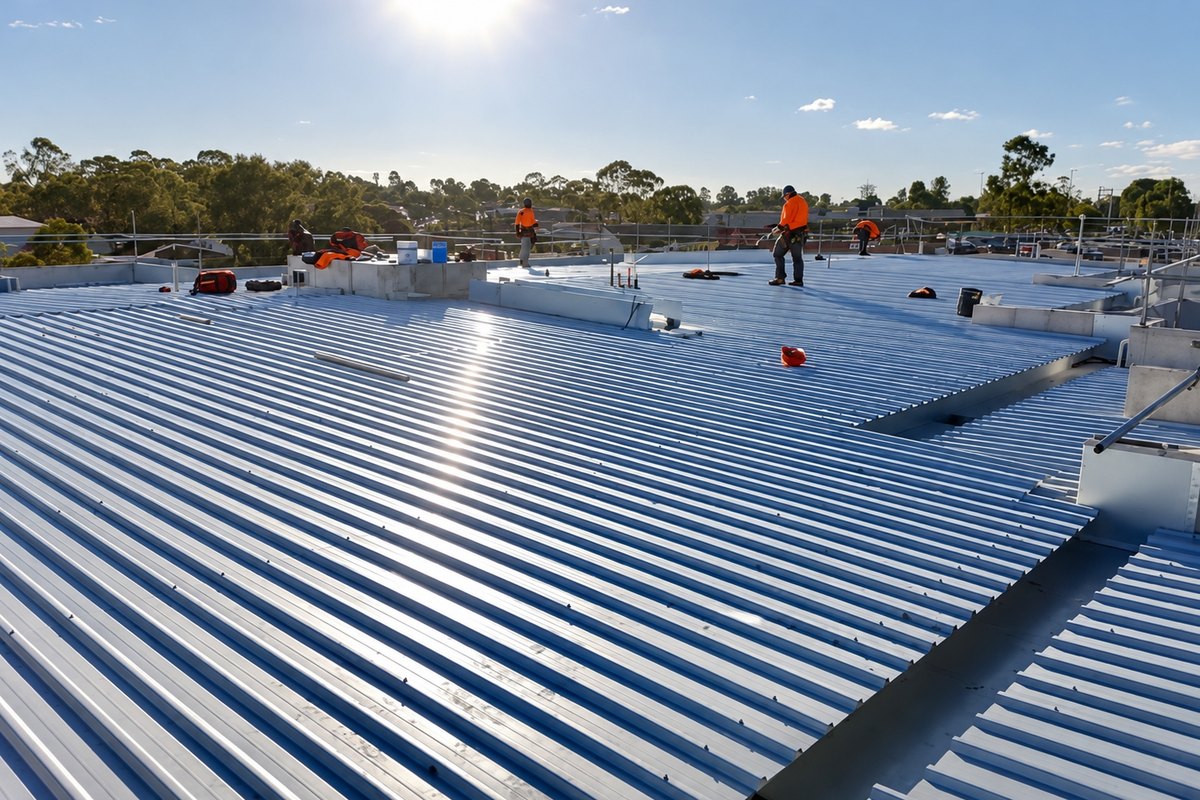 Workers in orange vests on a wide commercial roof of shining blue-silver metal panels