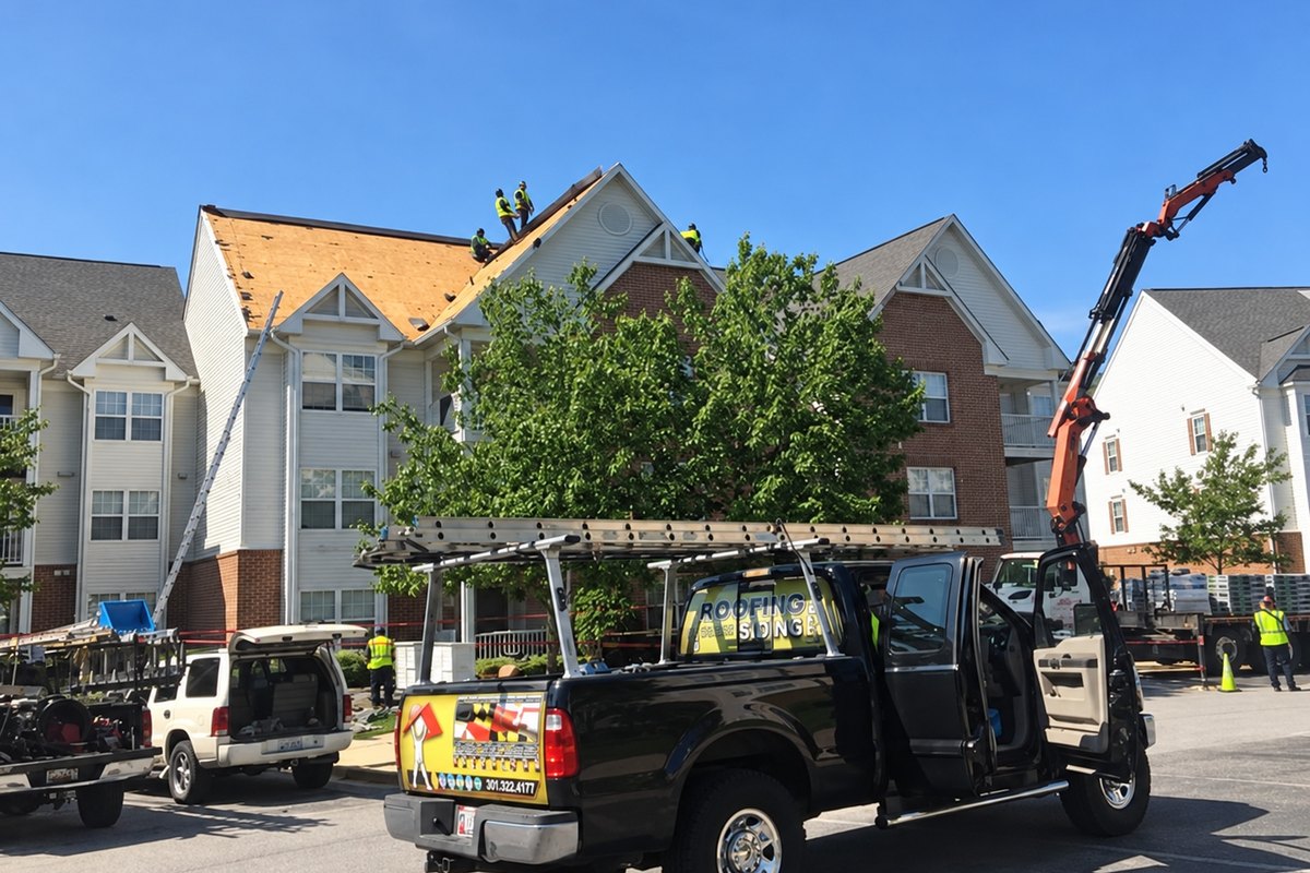 Roofers on an apartment building roof stripped to plywood with a crane lifting shingles
