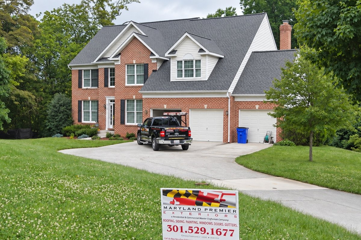 Finished brick colonial with a new gray shingle roof and a long concrete driveway