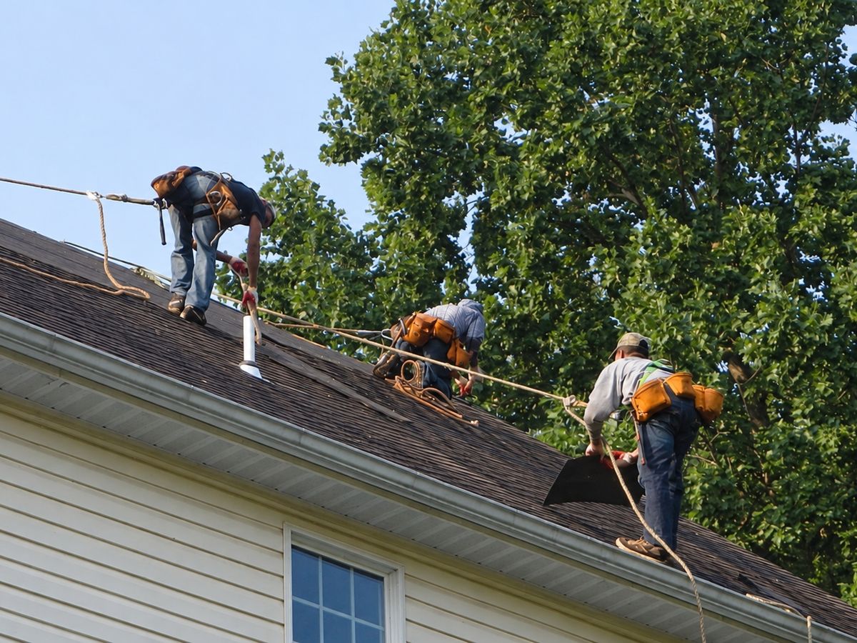 Three roofers in tool belts and safety harnesses tied to ropes crouching along the slope of a dark shingled roof above beige