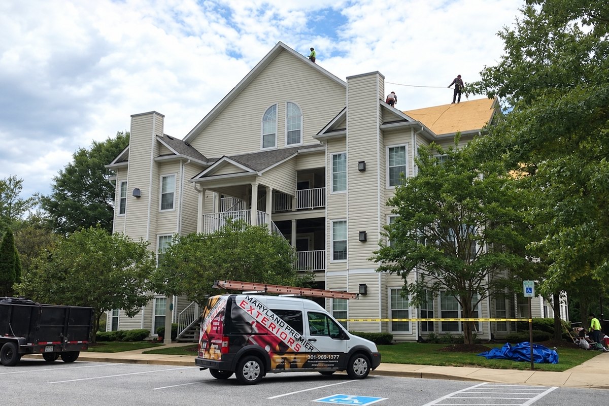 Roofers working on an apartment building roof beside a Maryland Premier Exteriors van