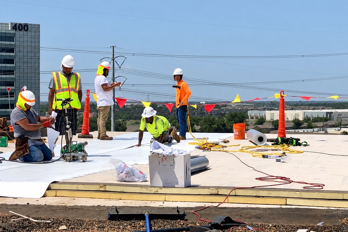 Crew installing white membrane over insulation boards on a flat commercial roof