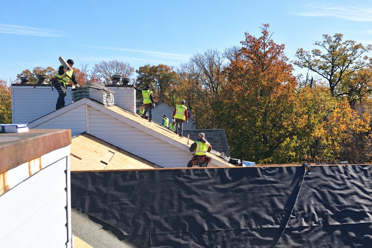 Crew of roofers working on a row of townhomes with the old roof stripped to boards