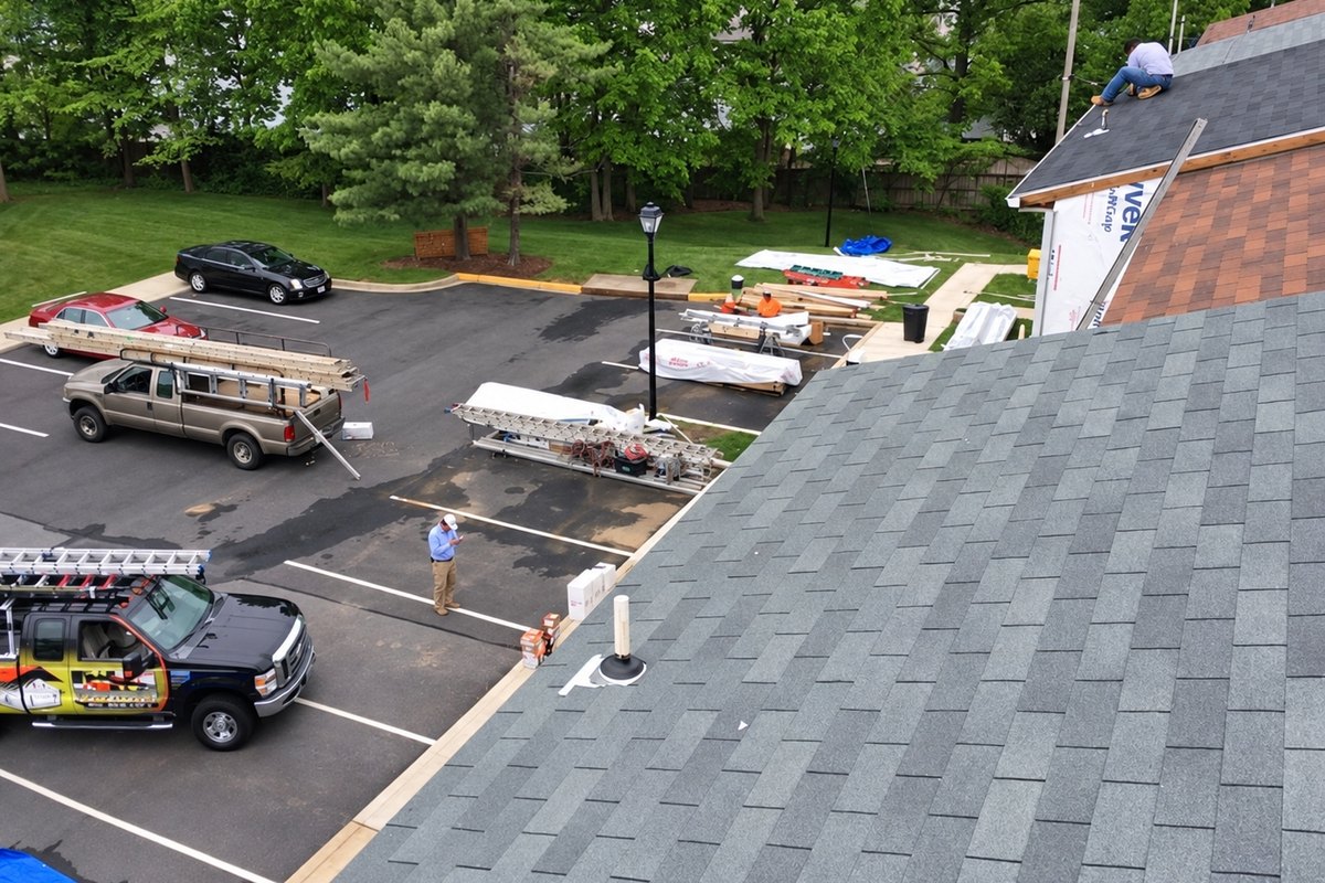Apartment parking lot beside new gray shingles with a company pickup and ladders