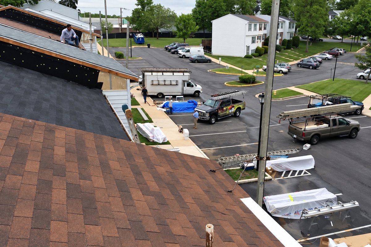 View across a townhome complex parking lot from a rust-brown shingle slope