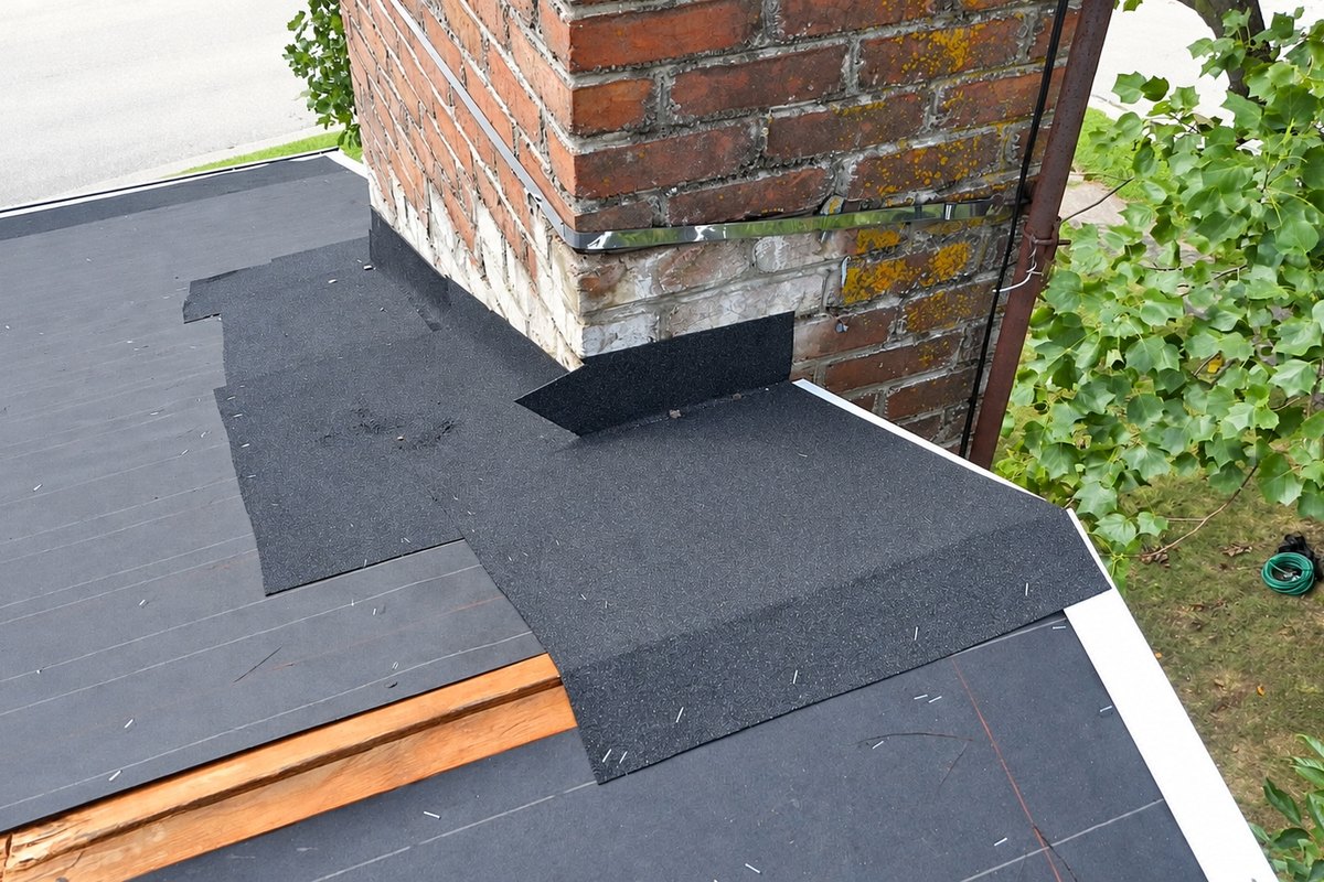 Brick chimney with flashing and black underlayment laid out on a roof deck
