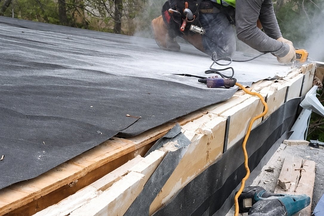 Roofer cutting through rotted wood at a roof edge with a saw on black underlayment