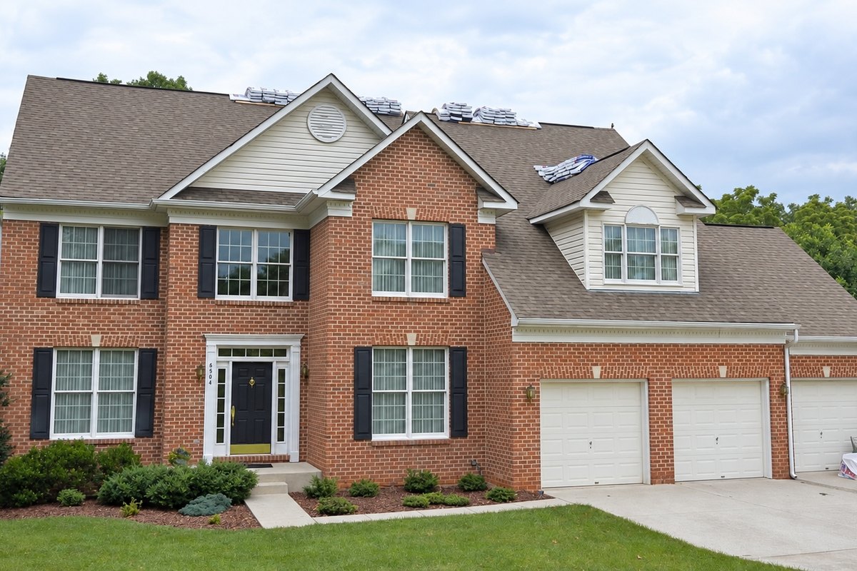 Brick house with a brown shingle roof and bundles staged along the ridges