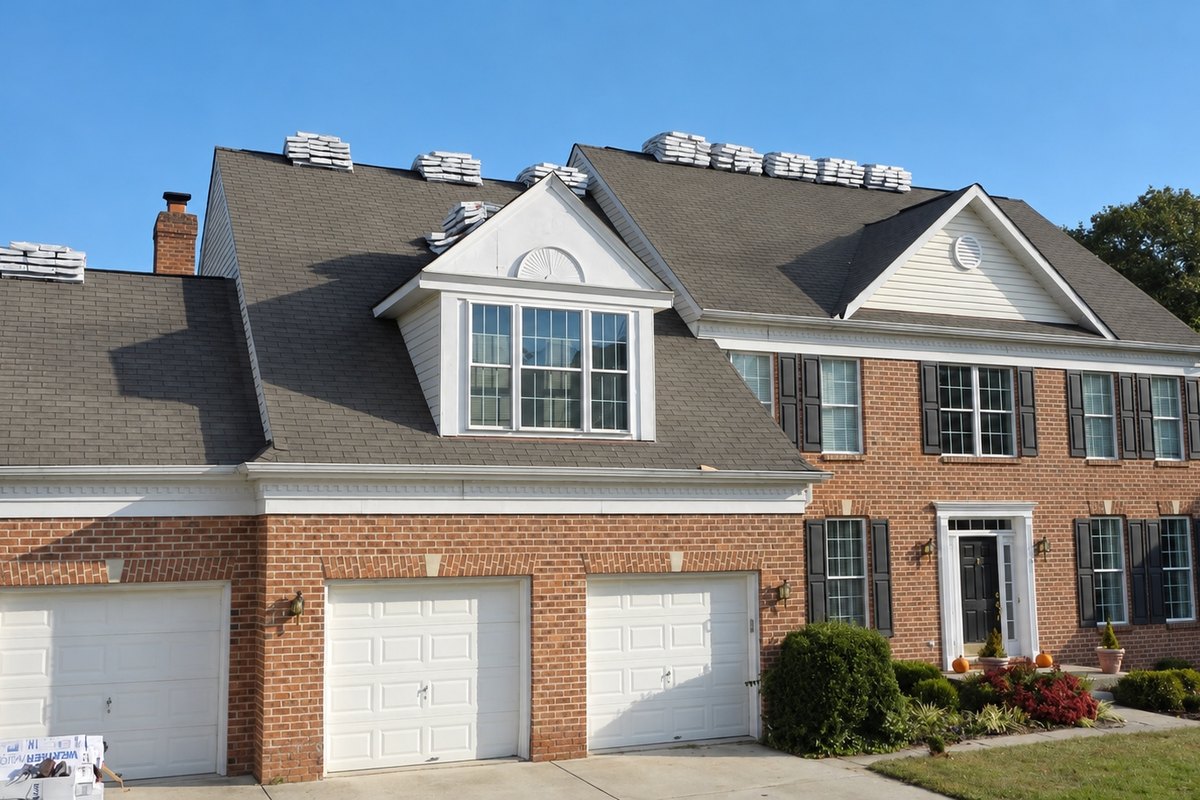 Red brick colonial with bundles of shingles staged on every ridge before a roof replacement