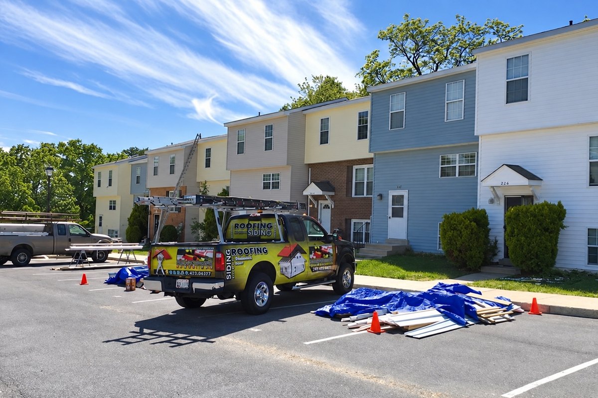 Townhome row with siding work under way and a company pickup parked in front