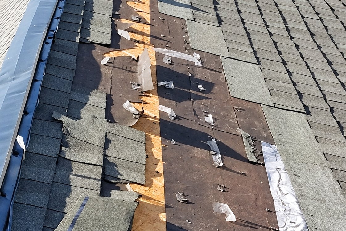 Steep asphalt shingle roof with a strip torn open down to the plywood and underlayment