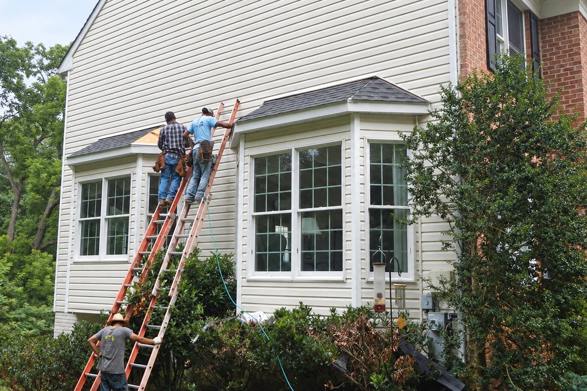 Crew on ladders beside the white bay windows of a vinyl-sided colonial