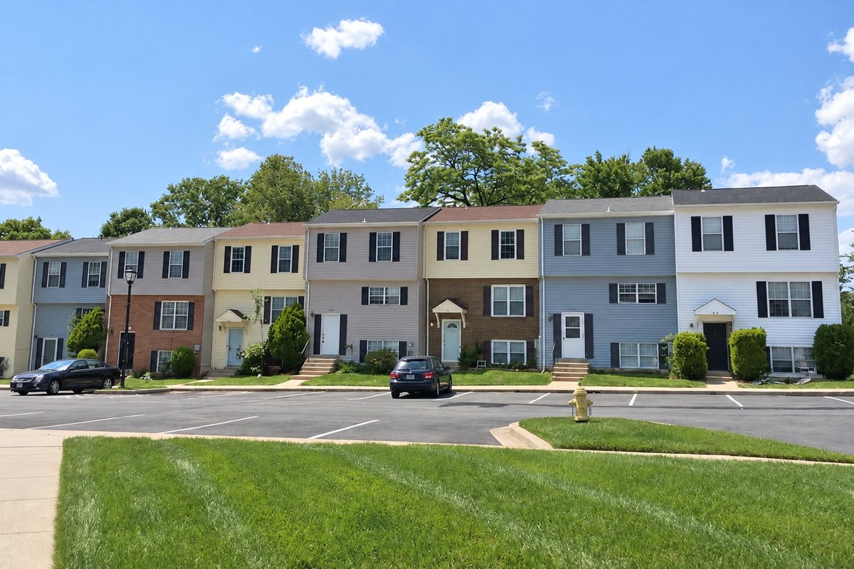 Row of townhomes with vinyl siding in blue, tan, yellow and white, with black shutters and double-hung windows