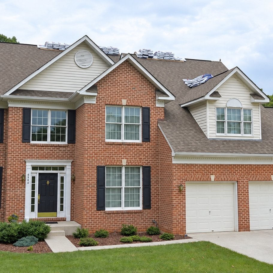 Brick house with a brown shingle roof and bundles staged along the ridges