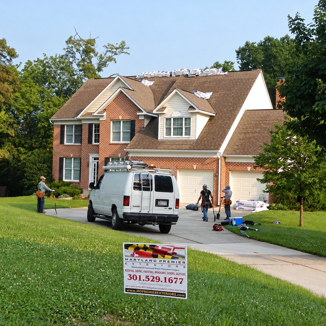 Crew re-roofing a large brick colonial that had brown shingles