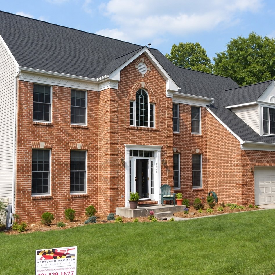 Finished two-story red brick house with a white vinyl side wall and a new charcoal shingle roof over a dormer and gables
