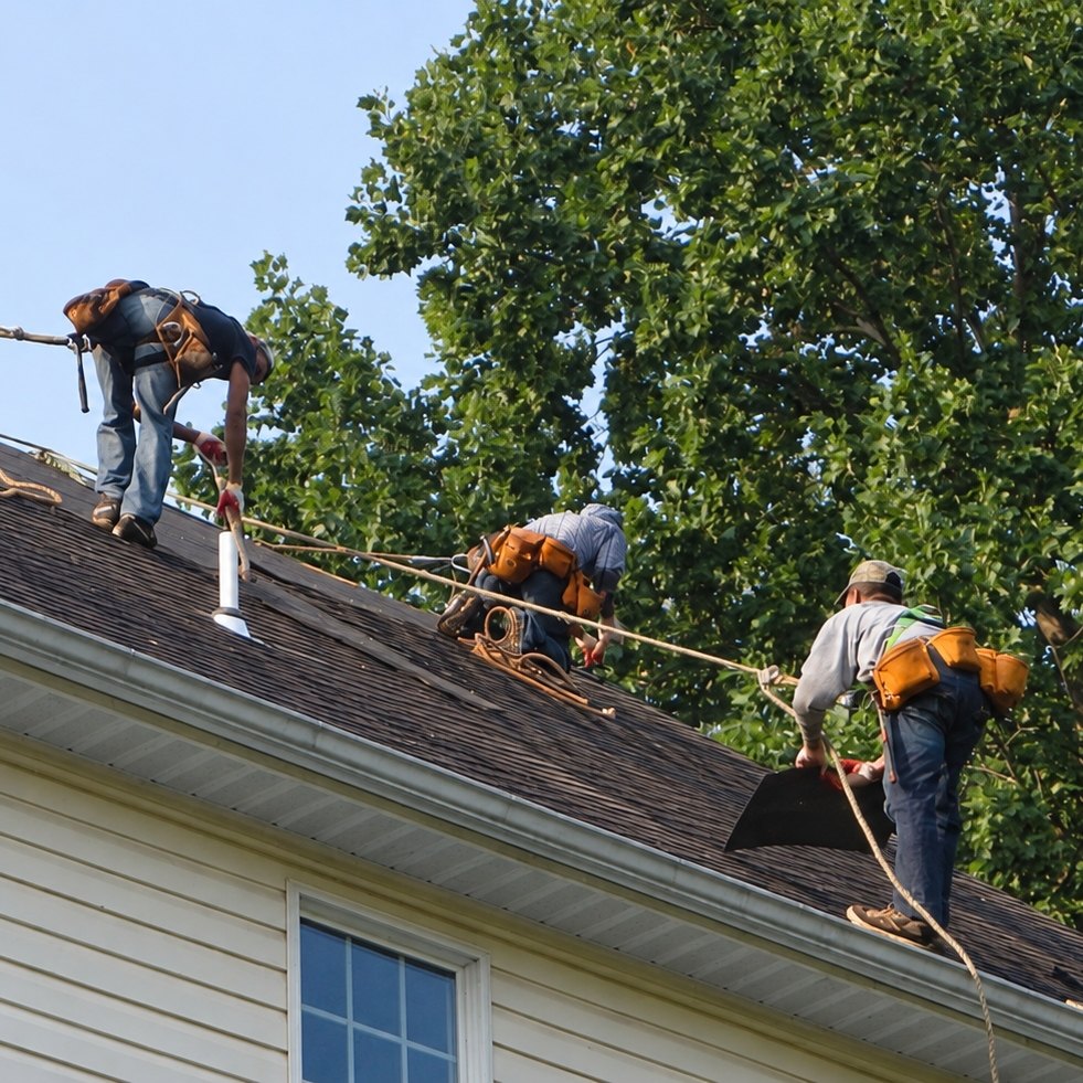 Roofers in safety harnesses working along a dark shingle roof above beige siding