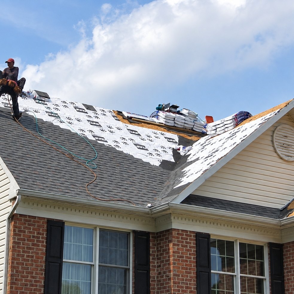 A roofer seated on a partly re-roofed house with a brick front and black shutters