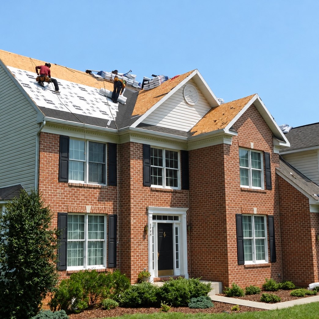 Red brick colonial house during a roof replacement with white underlayment on one slope