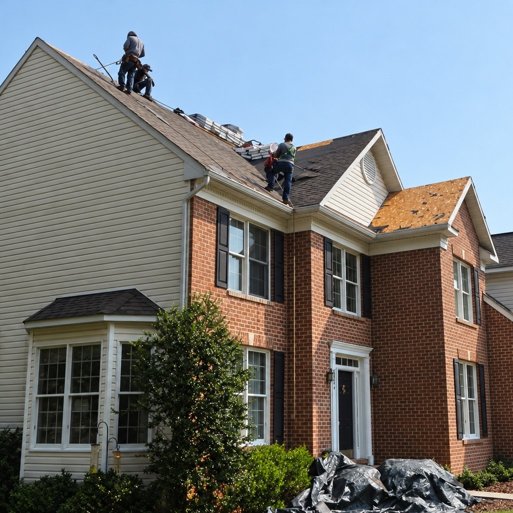 Roofers working on the side of a red brick house with a large beige vinyl gable