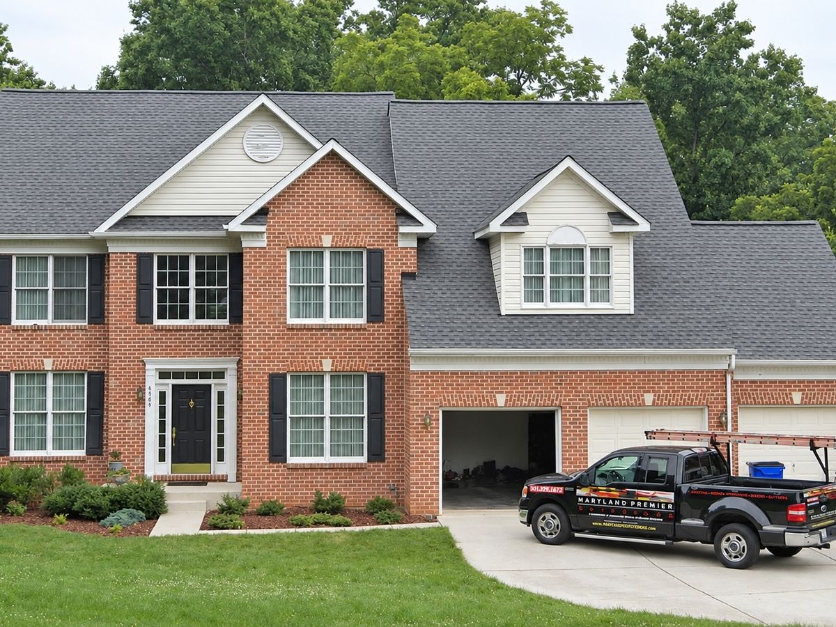 Finished two-story red brick colonial with a new dark gray architectural shingle roof over multiple gables