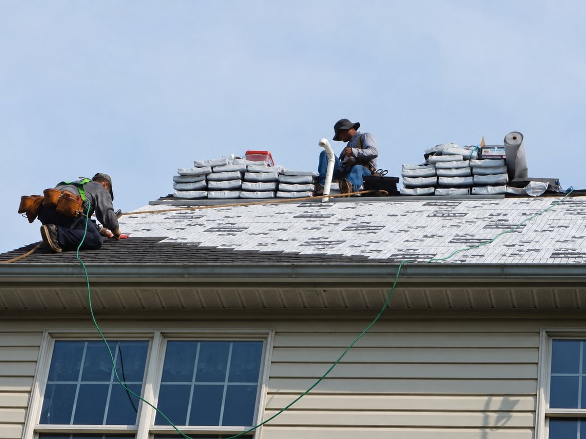 Close view from below of two roofers on the eave of a house: one kneeling and nailing dark shingles on the left