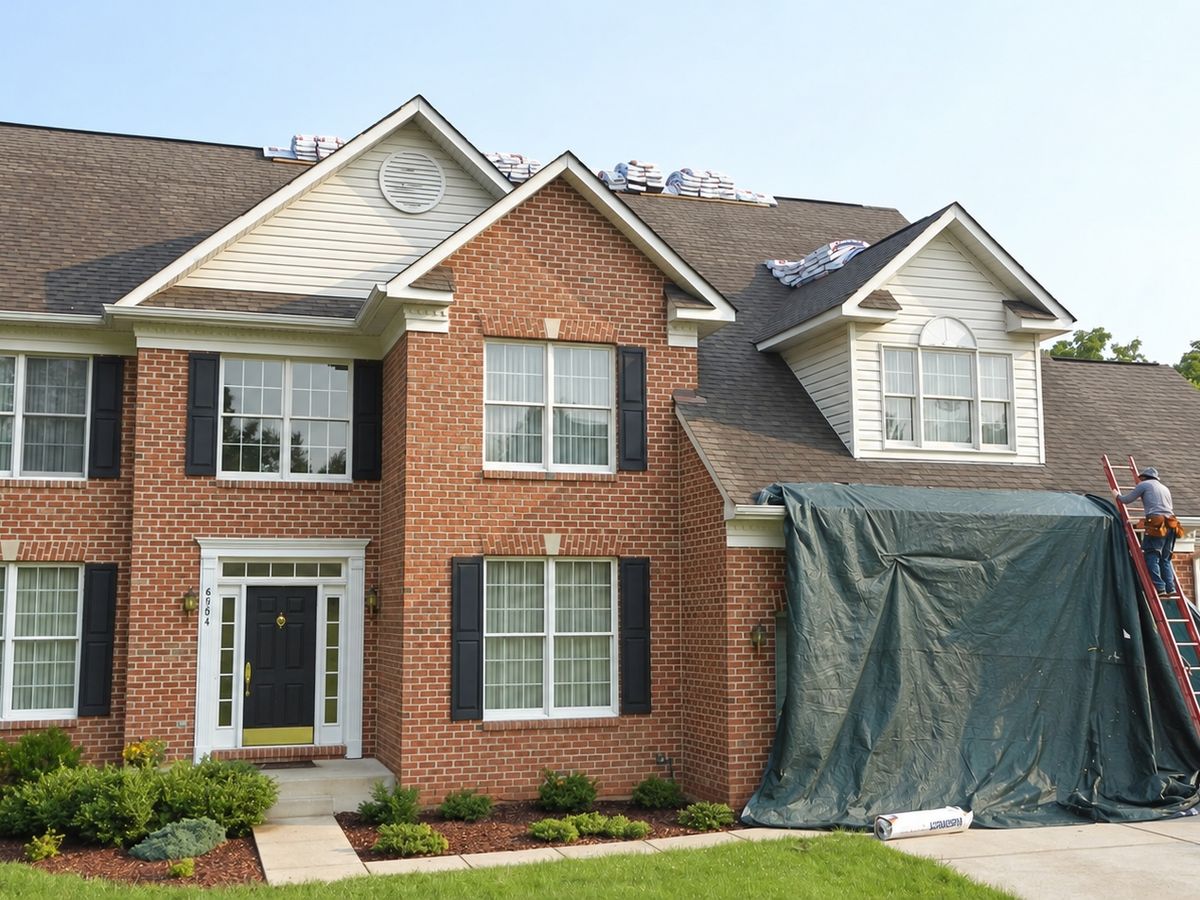 Front of a red brick colonial with black shutters and an older brown shingle roof