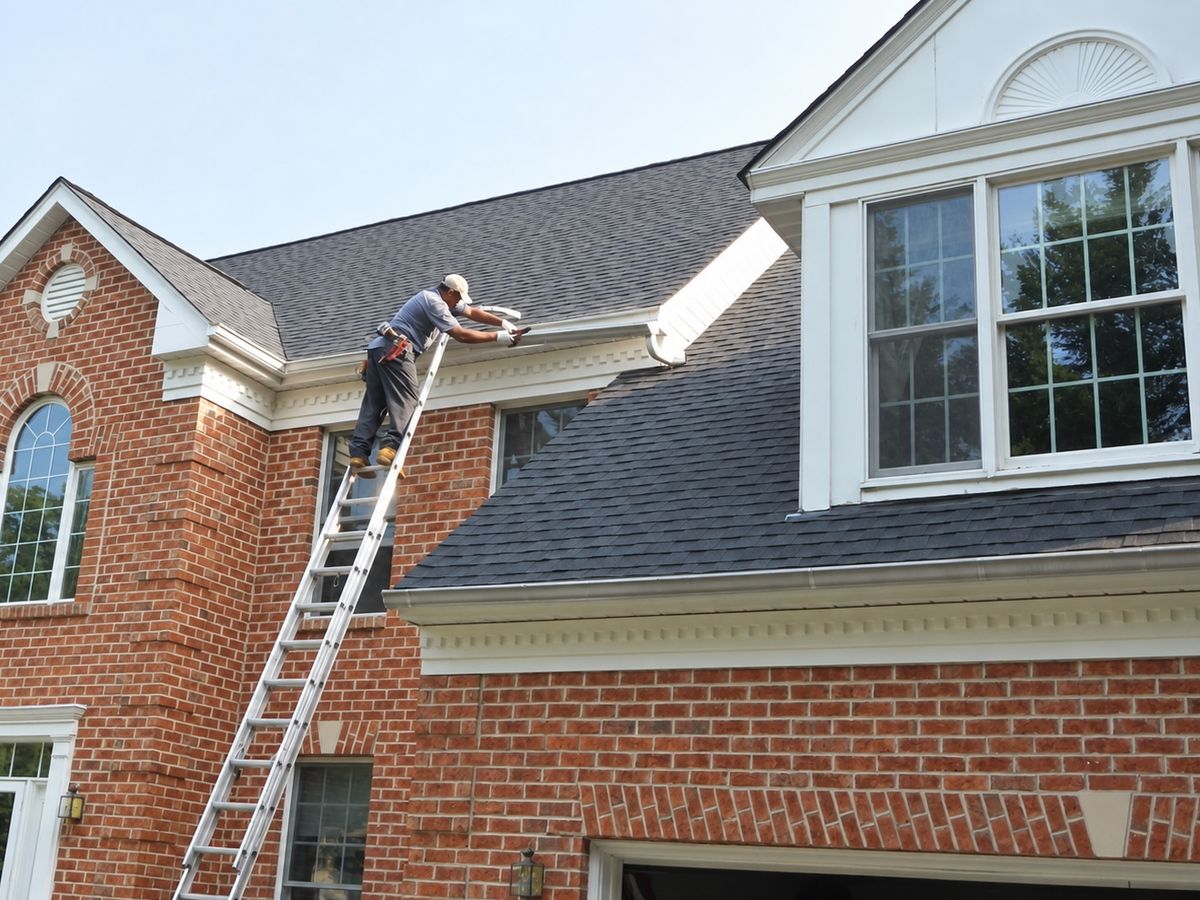 A worker in a cap stands on a long aluminum ladder at the roof edge of a red brick house and reaches over the white gutter