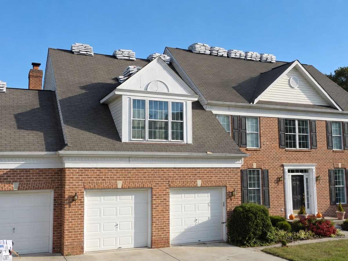 Front of a red brick colonial with black shutters and a three-car garage under a worn brown shingle roof