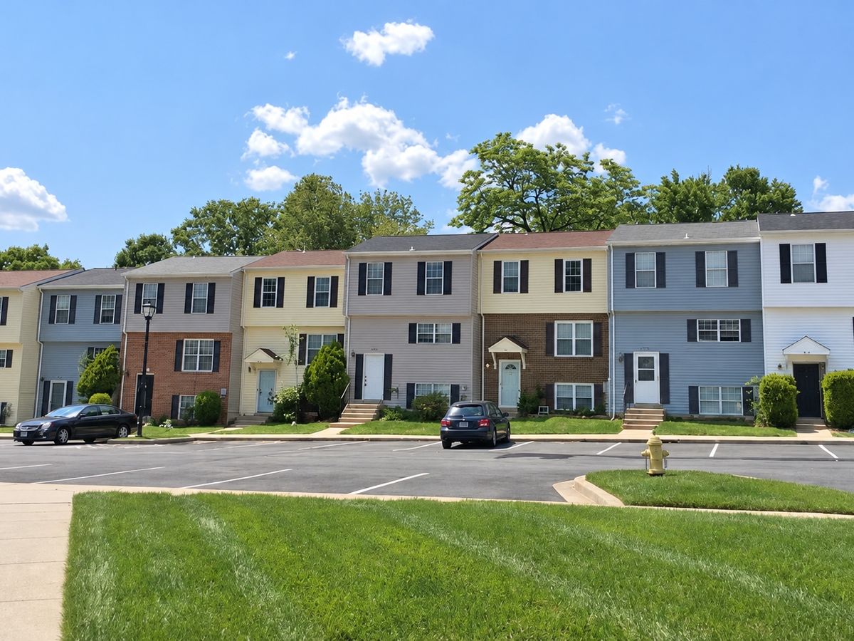 Row of eight finished three-story townhomes with vinyl siding in cream, blue, gray and tan and new shingle roofs
