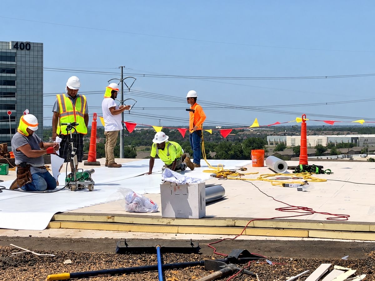 Crew of six roofers in hard hats and hi-vis vests on a flat commercial roof installing white single-ply membrane