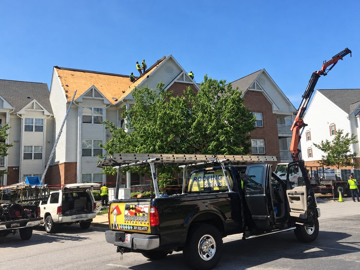 Three-story white and brick apartment building with the roof stripped to bare plywood on one slope while roofers in hi-vis