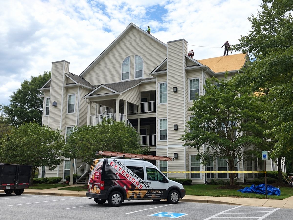 Cream vinyl-sided three-story apartment building with roofers in hi-vis vests on the ridge and one slope of bare plywood