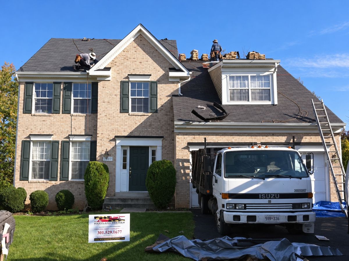 Front of a two-story tan brick house with green shutters during a re-roof: one roofer kneels on the left slope