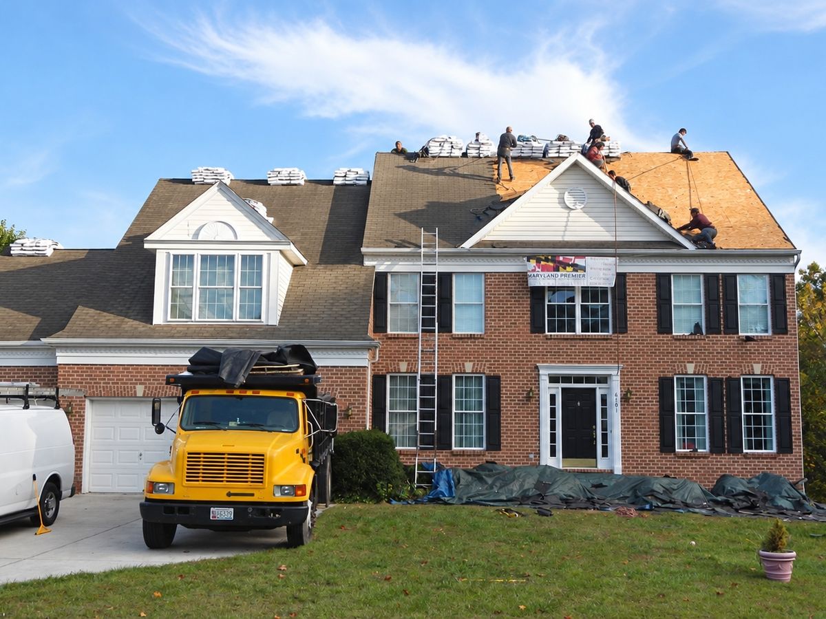 A crew of roofers on the roof of a red brick colonial with black shutters, part of the roof bare plywood