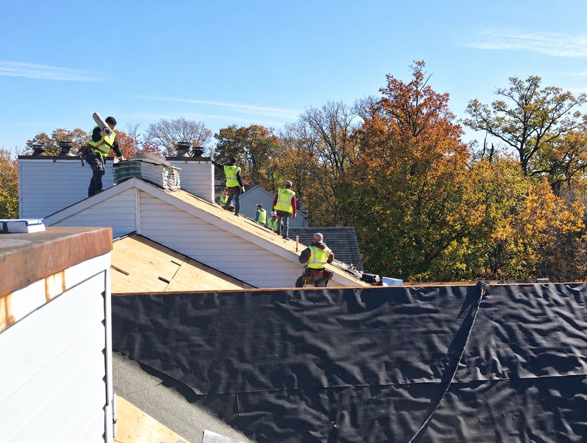 Row of townhomes seen from a neighboring roof: crew of roofers in hi-vis vests carrying rolls and bundles along a stripped