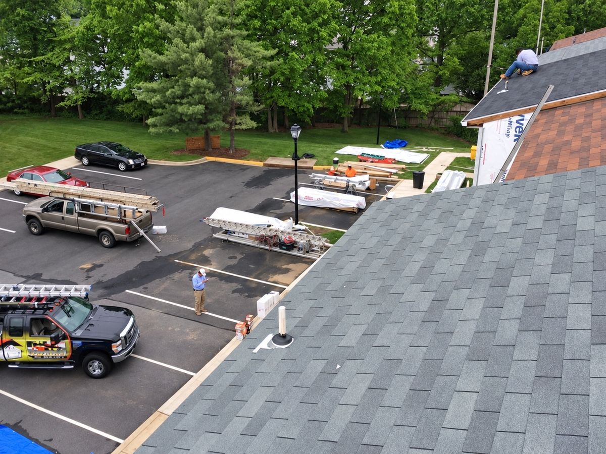 Drone view over a newly shingled gray roof slope toward an apartment parking lot