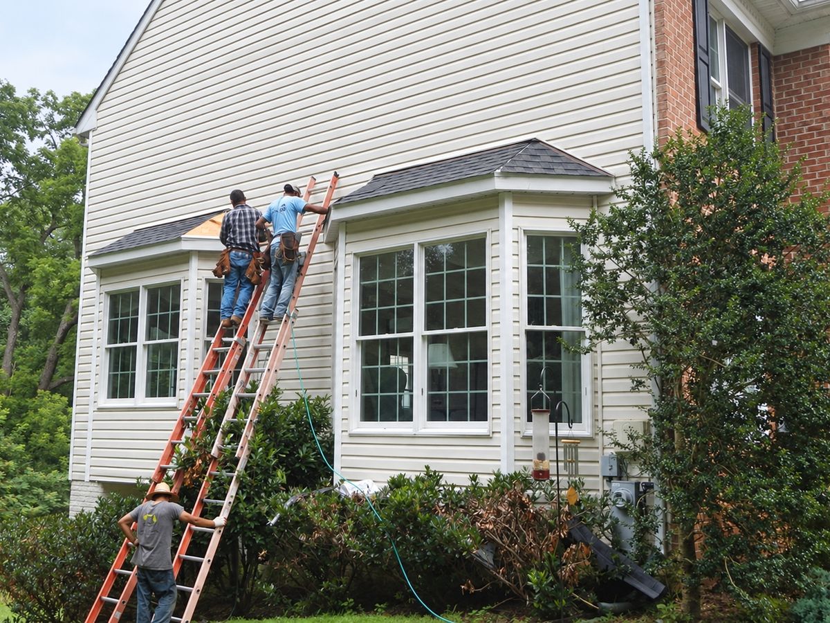 Side wall of a brick colonial with cream vinyl siding and two window bays with new dark shingle roofs