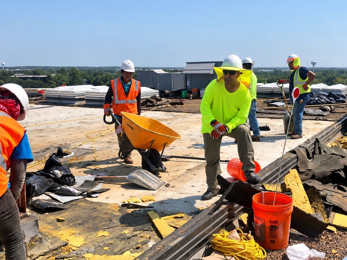 Crew of five roofers in hard hats and hi-vis vests on a flat commercial roof during a tear-off