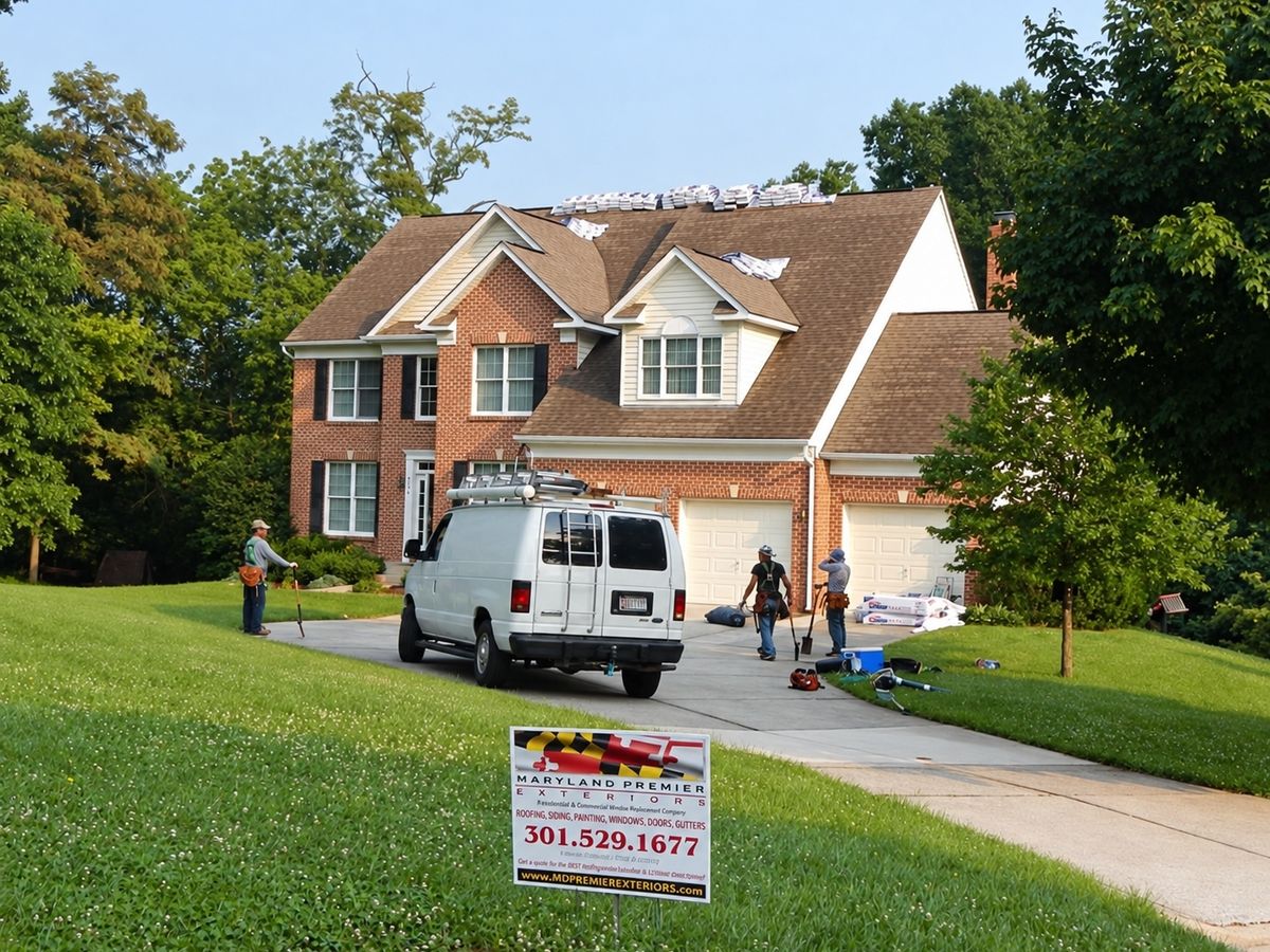 Large brick colonial with brown shingles being re-roofed in evening light