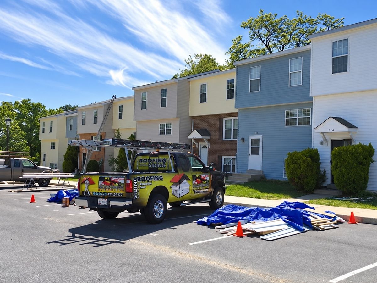 Townhome row in blue sky with a black and yellow company pickup lettered roofing