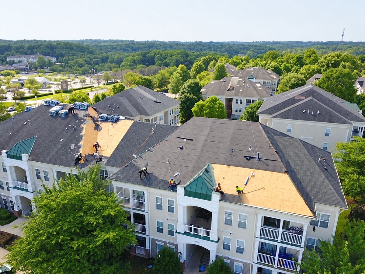 Aerial view of a large apartment complex mid re-roof: dark architectural shingles on most slopes
