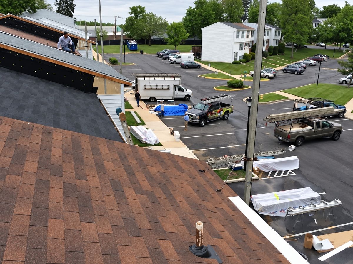 Drone view from a rust-brown shingle slope over a townhome complex parking lot