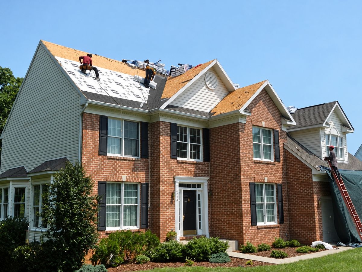 Front corner of a red brick colonial house with black shutters and gray vinyl siding mid re-roof