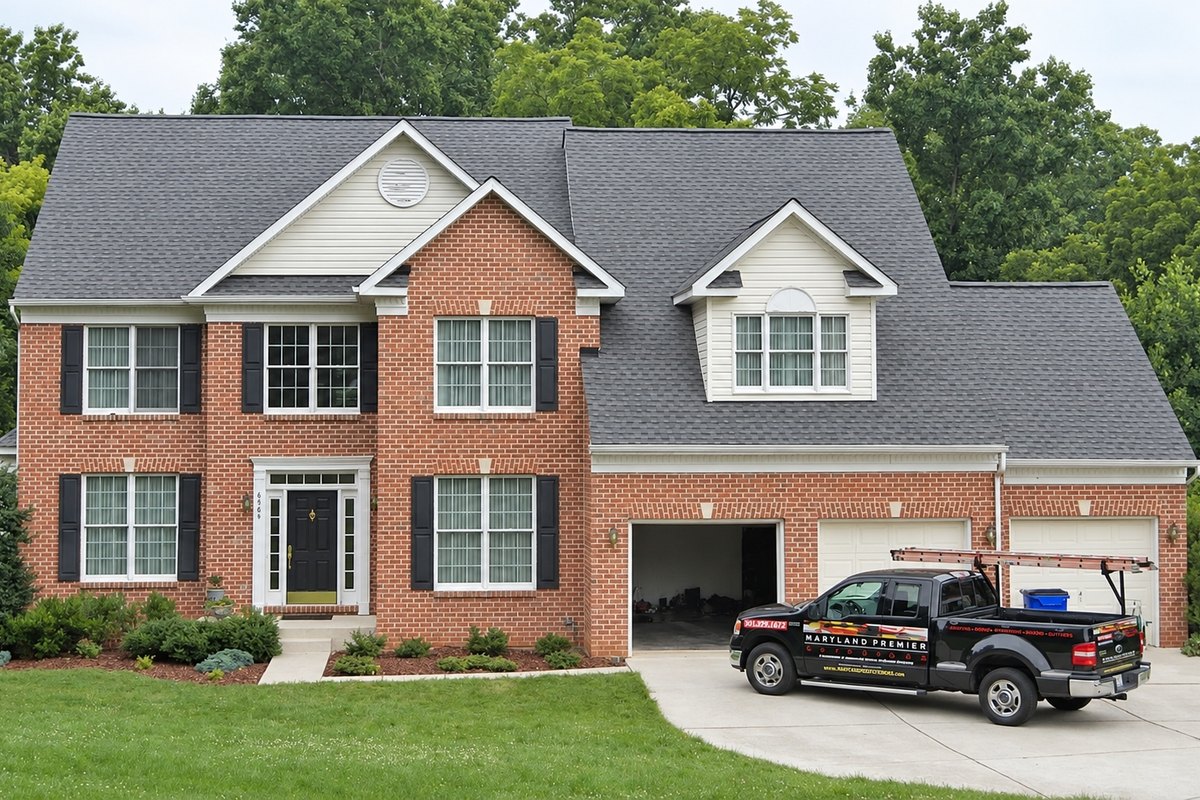 Finished brick colonial house with a new dark gray architectural shingle roof and a company pickup