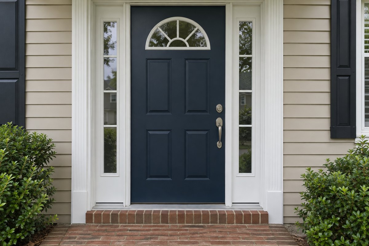 Navy blue entry door with a half-round glass lite and glass sidelights on a brick stoop